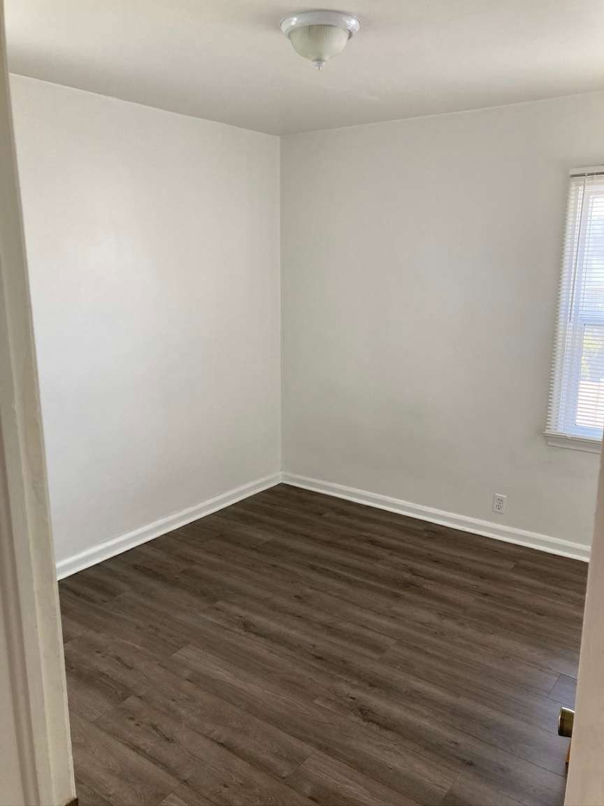 Room featuring wood-finish flooring, white baseboards, and a ceiling-mounted light fixture