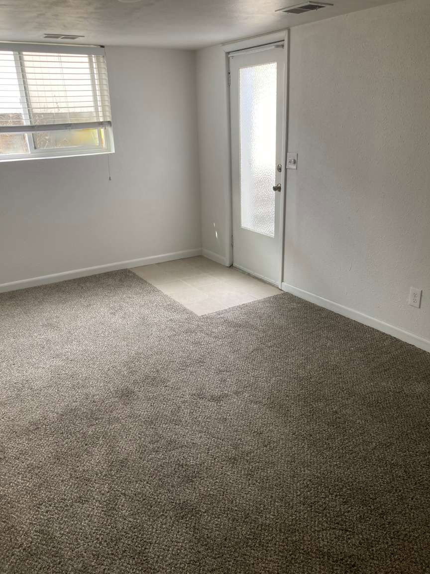 Room featuring neutral carpeting, a window with horizontal blinds, and a white door with a frosted glass insert