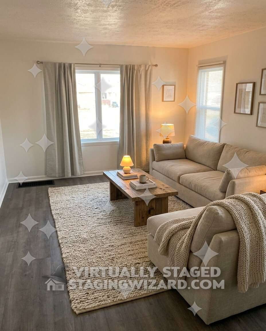 Living area featuring wood-finish flooring, light-toned walls, and multiple windows