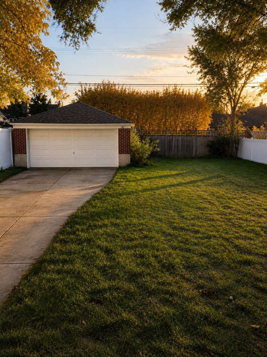 Detached garage featuring brick accents and a shingled roof, accompanied by a concrete driveway