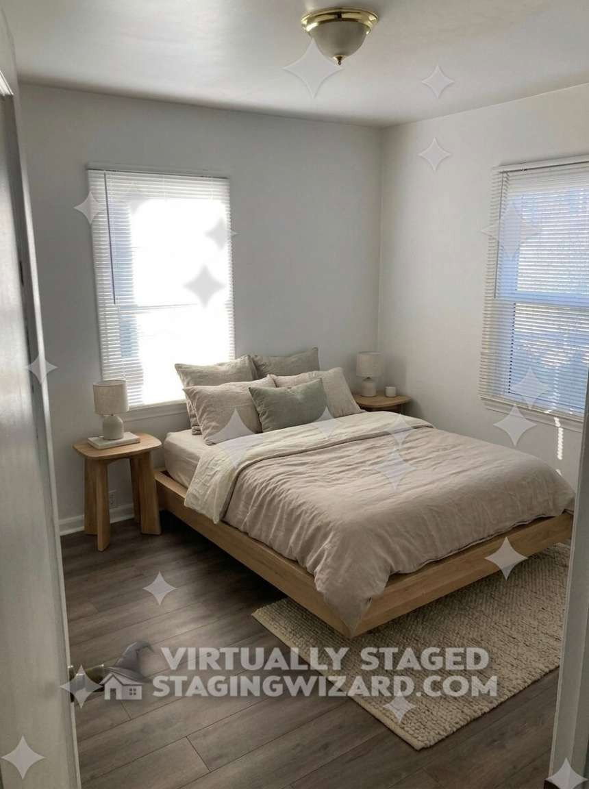 Bright interior space featuring wood-finish flooring, white walls, and two windows with blinds