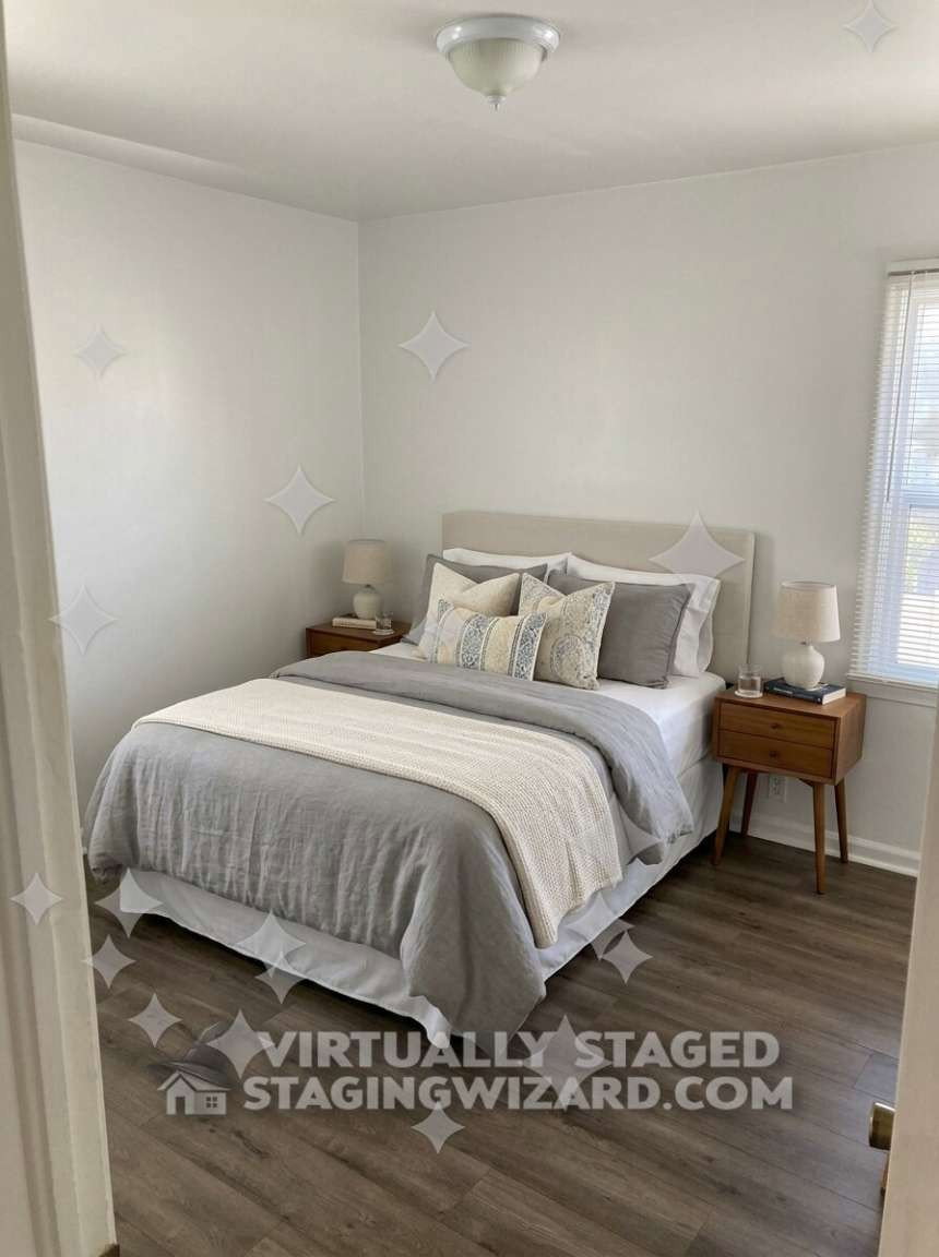 Bedroom featuring wood-finish flooring, white walls, and a window with blinds