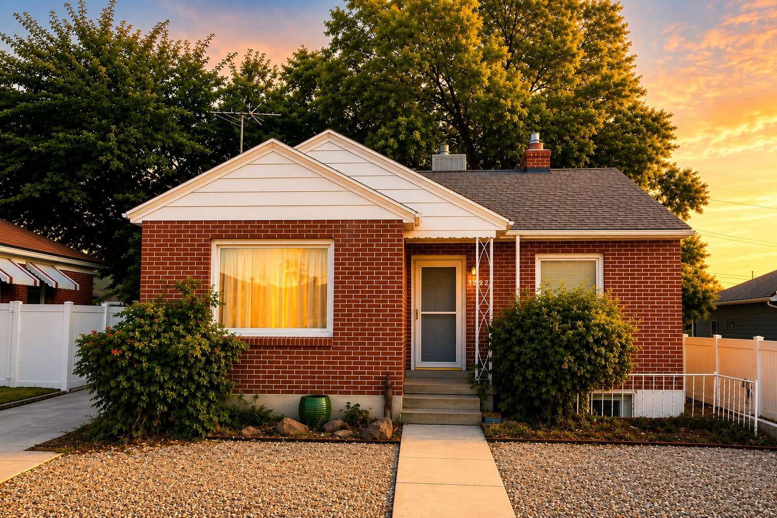 Red brick facade with white gable accents