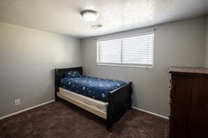Bedroom with a textured ceiling and carpet