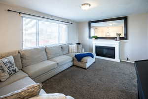 Living area featuring a glass covered fireplace and carpet flooring