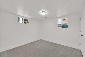 Below grade area featuring a textured ceiling, carpet floors, and healthy amount of natural light