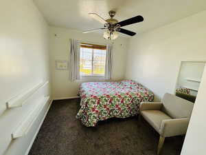 Bedroom featuring dark colored carpet, ceiling fan, and a textured ceiling