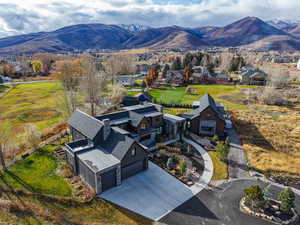 Aerial view of residential area with mountains