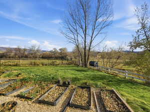 Fenced backyard with a rural view and a vegetable garden