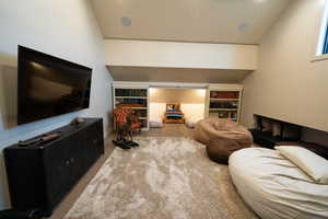 Living room featuring lofted ceiling