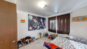 Carpeted bedroom with a textured ceiling