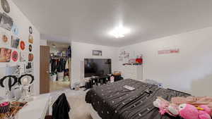 Bedroom with a textured ceiling