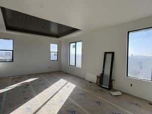 Unfurnished room featuring a tray ceiling, plenty of natural light, and wooden ceiling