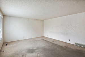 Spare room featuring a textured ceiling and carpet