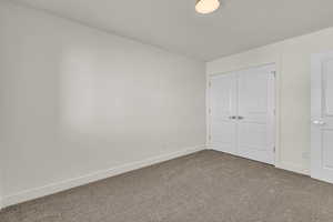 Unfurnished bedroom featuring carpet floors and a closet