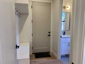 Entryway featuring wood finished floors and a sink