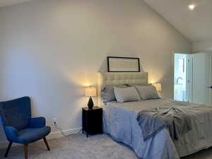 Bedroom featuring carpet floors and vaulted ceiling
