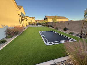 Fenced backyard with a patio area