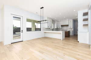 Kitchen with a peninsula, white cabinetry, open shelves, pendant lighting, and decorative backsplash