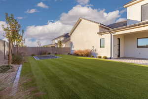 Fenced backyard with a patio