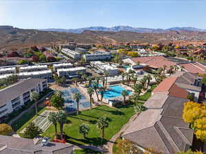Aerial perspective of suburban area with mountains