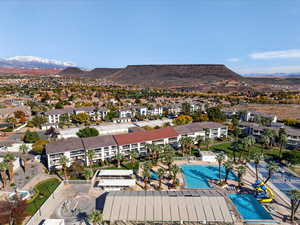 Bird's eye view of mountains and a pool
