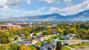 Aerial perspective of suburban area featuring mountains