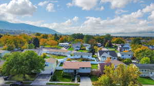 Aerial perspective of suburban area with mountains