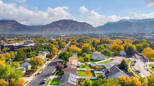 Aerial perspective of suburban area with mountains
