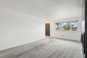Unfurnished room with carpet and a fireplace