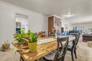 Dining space with light carpet, ornamental molding, and a textured ceiling
