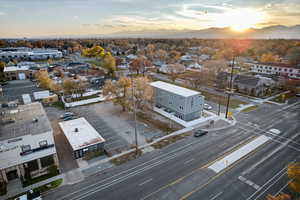 Aerial view of residential area with mountains