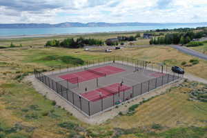 Aerial view of a water and mountain view