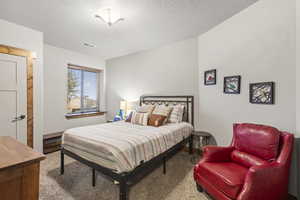 Carpeted bedroom with a textured ceiling
