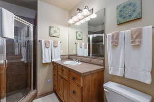Bathroom featuring vanity and a shower stall
