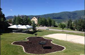 View of community featuring a yard, volleyball court, and a mountain view