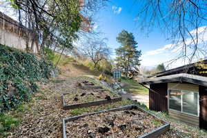 View of yard featuring a garden and a storage unit