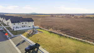 Aerial view of community playground and grass park