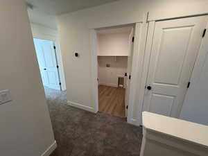 Hall with dark carpet and baseboards