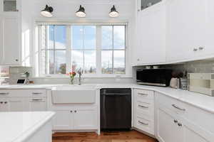 Kitchen with glass insert cabinets, dishwashing machine, white cabinets, and backsplash