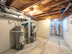 Unfinished basement with strapped water heater and heating unit