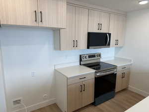 Kitchen featuring appliances with stainless steel finishes and light brown cabinetry