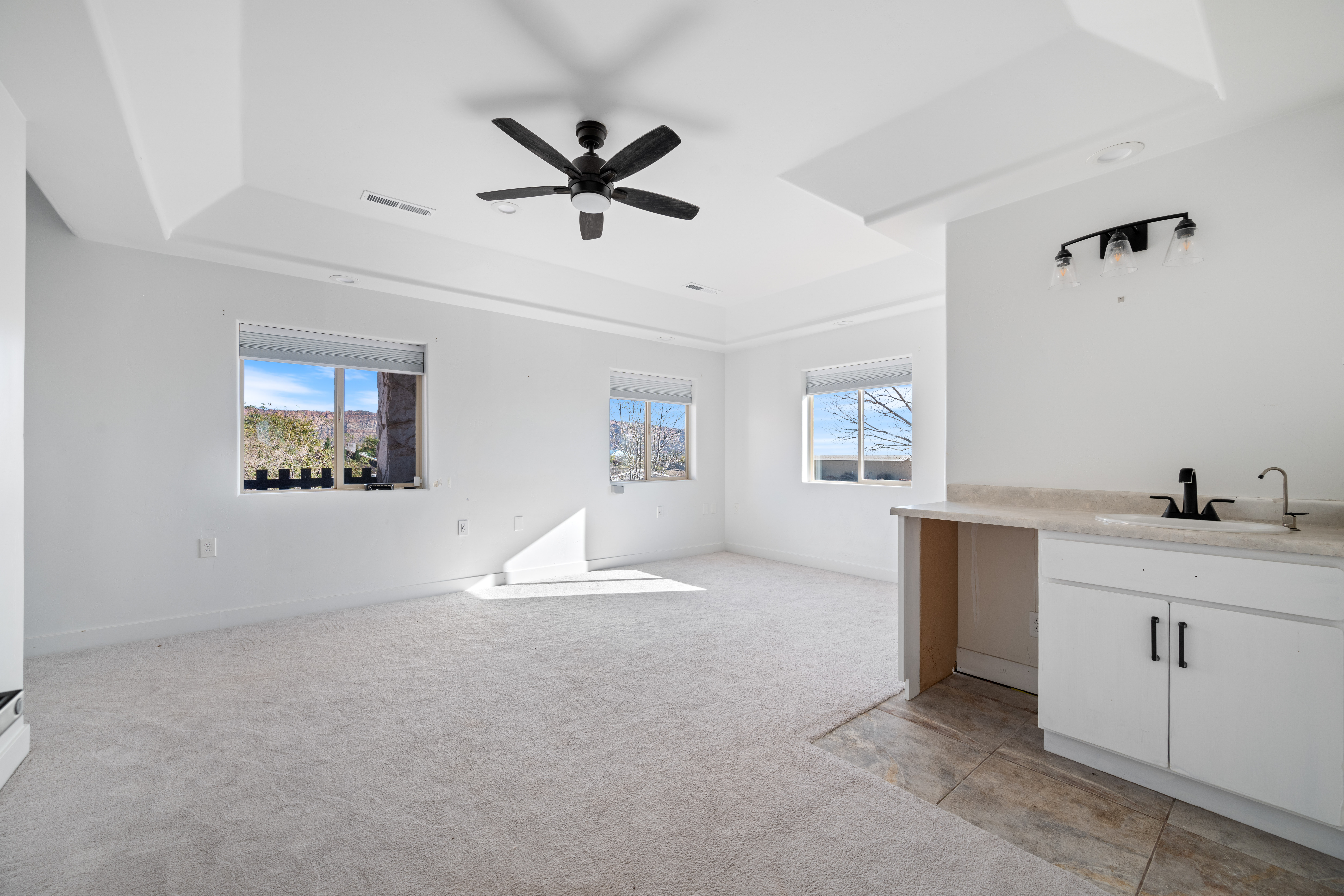 Unfurnished living room featuring light colored carpet, a raised ceiling, plenty of natural light, and a ceiling fan