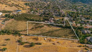 Aerial view of sparsely populated area featuring large plots for crops and property boundaries highlighted