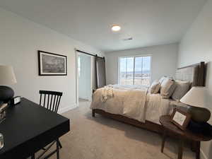 Bedroom featuring a barn door and light colored carpet