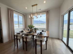 Dining room featuring a mountain view, suspended lighting, and light wood-type flooring