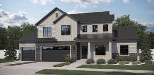 Modern inspired farmhouse with board and batten siding, covered porch, driveway, and a shingled roof