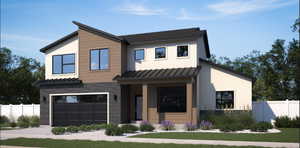 Contemporary home featuring brick siding, a standing seam roof, a metal roof, and a garage