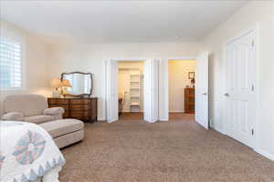 Bedroom featuring light colored carpet and a walk in closet