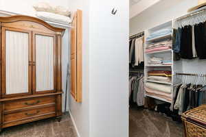 Spacious closet featuring dark colored carpet